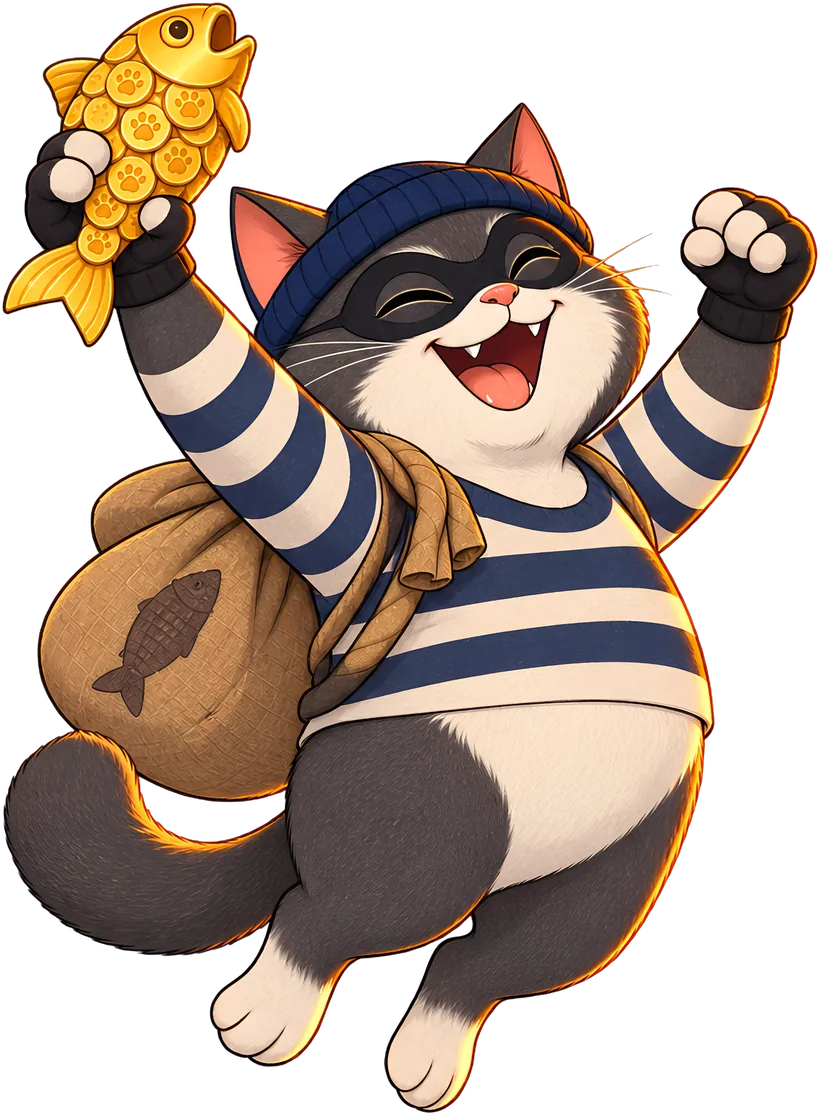 Nicks the cat burglar cheering with a golden fish