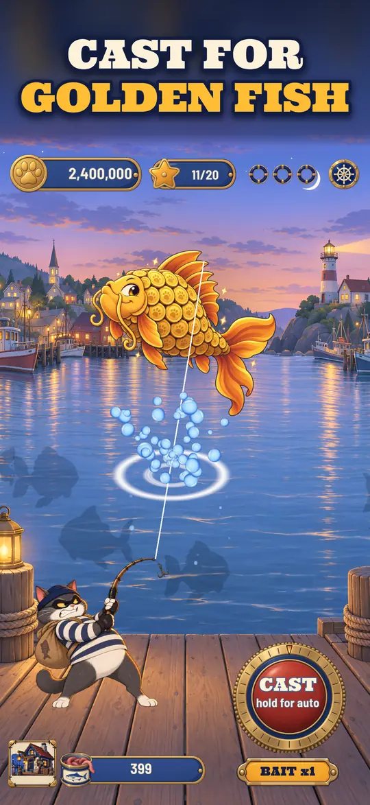 Nicks reels a golden fish out of the harbor at dusk
