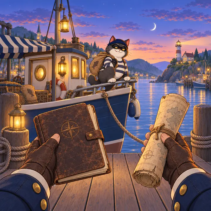Nicks on his boat at the lantern-lit harbor, with a logbook and a chart on the dock